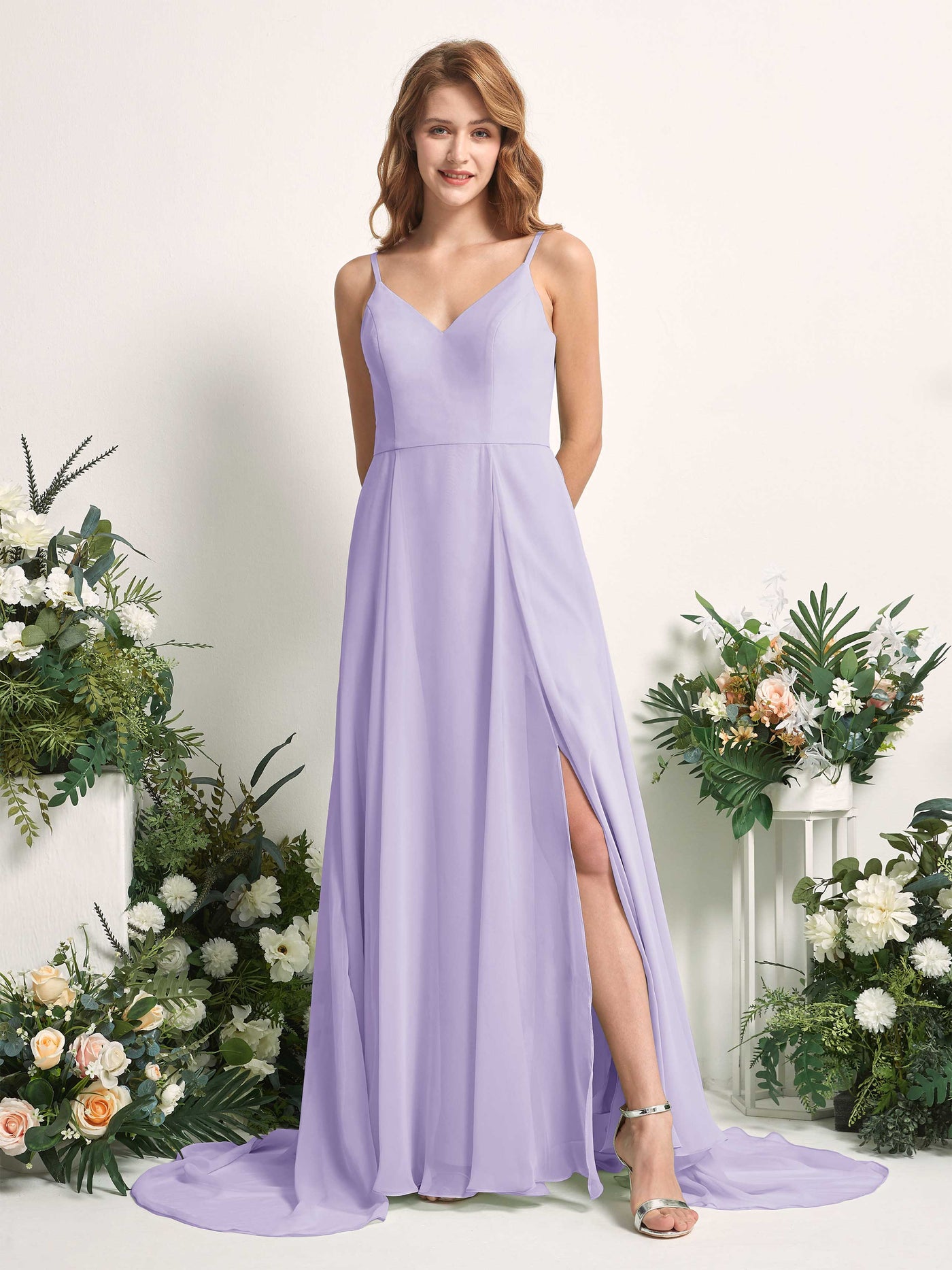 Bridesmaid Dress A-line Chiffon Spaghetti-straps Full Length Sleeveless Wedding Party Dress - Lilac (81227714)#color_lilac