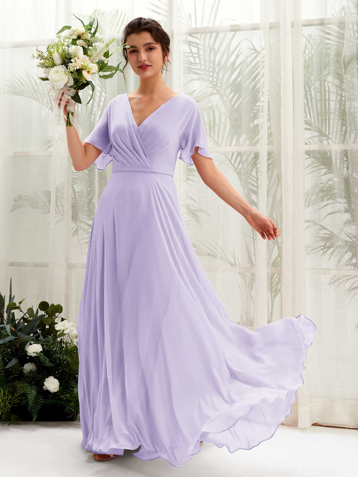 A-line V-neck Short Sleeves Chiffon Bridesmaid Dress - Lilac (81224614)