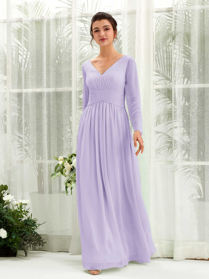 Ball Gown V-neck Long Sleeves Chiffon Bridesmaid Dress - Lilac (81220314)