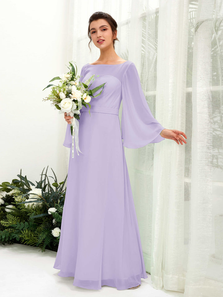 Bateau Illusion Long Sleeves Chiffon Bridesmaid Dress - Lilac (81220514)