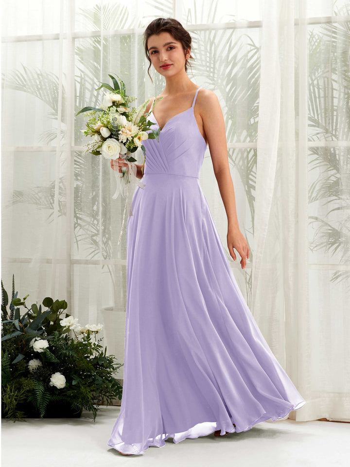 Spaghetti-straps V-neck Sleeveless Bridesmaid Dress - Lilac (81224214)