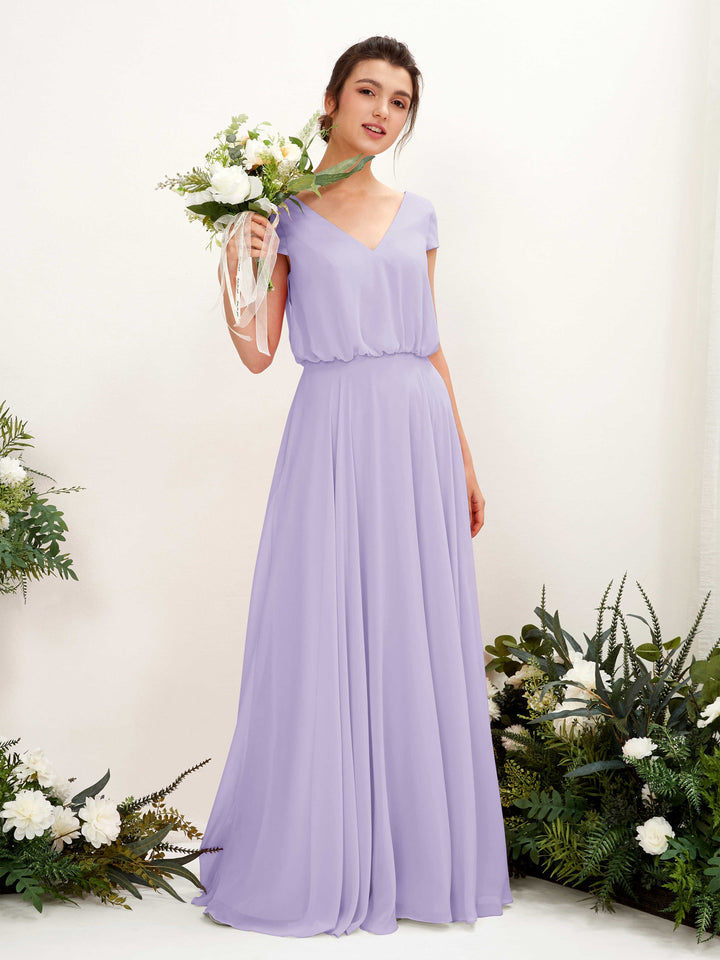 V-neck Cap Sleeves Chiffon Bridesmaid Dress - Lilac (81221814)