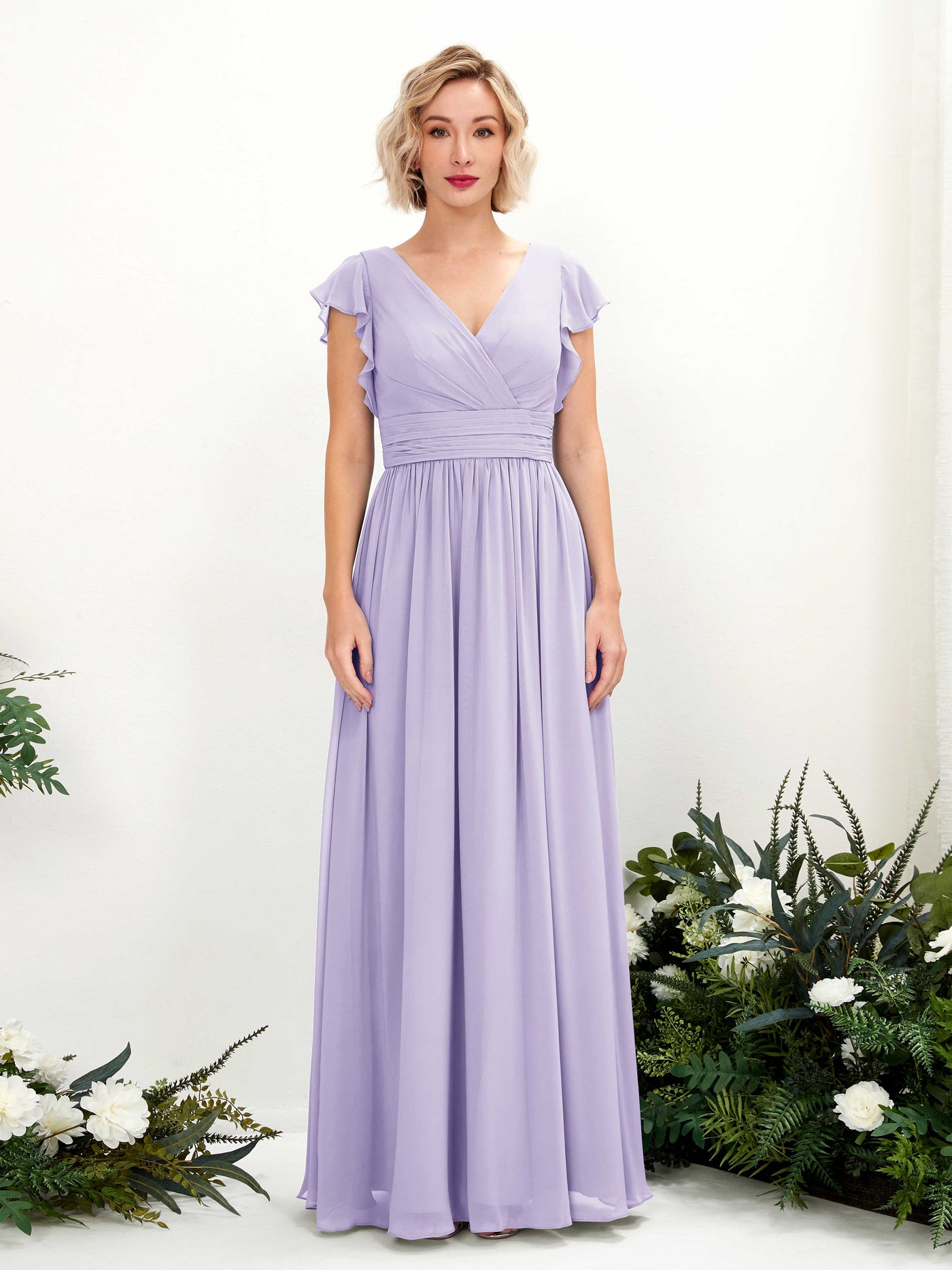 Carlyna Grino A-Line Lilac Bridesmaid Dress Maxi Cap Sleeve V-Neck Dress #color_lilac