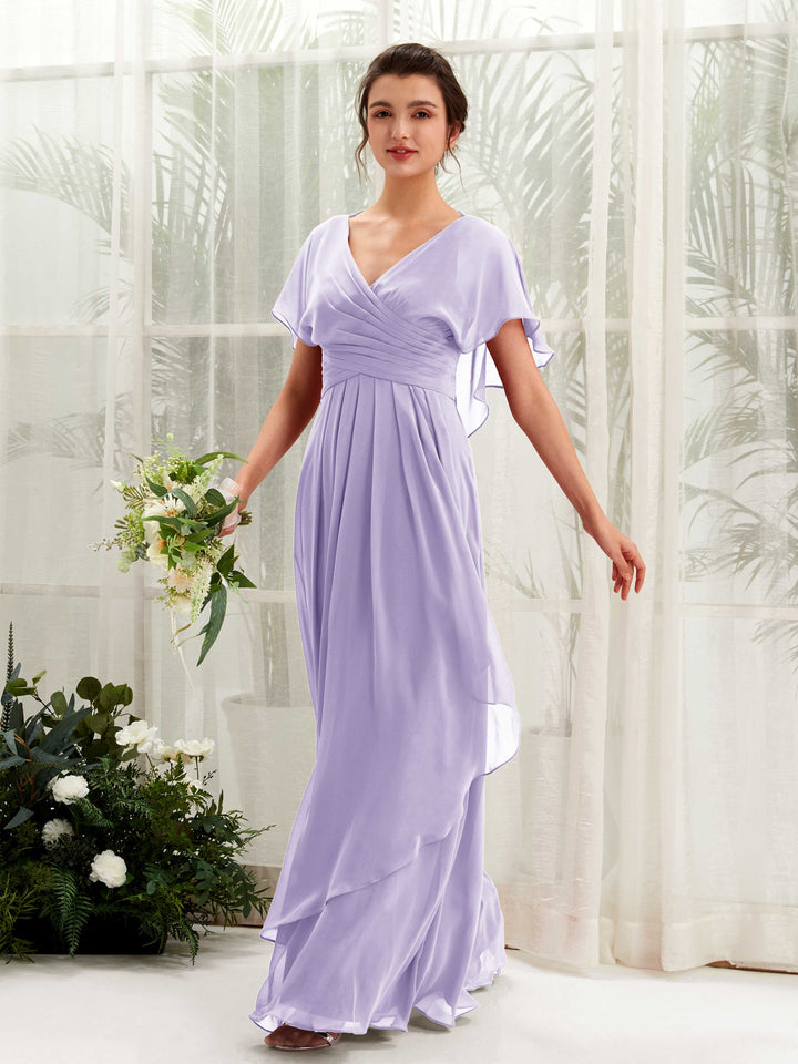 V-neck Short Sleeves Chiffon Bridesmaid Dress - Lilac (81226114)