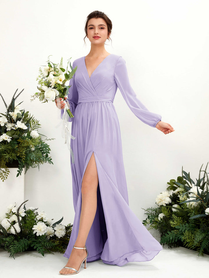 V-neck Long Sleeves Chiffon Bridesmaid Dress - Lilac (81223814)