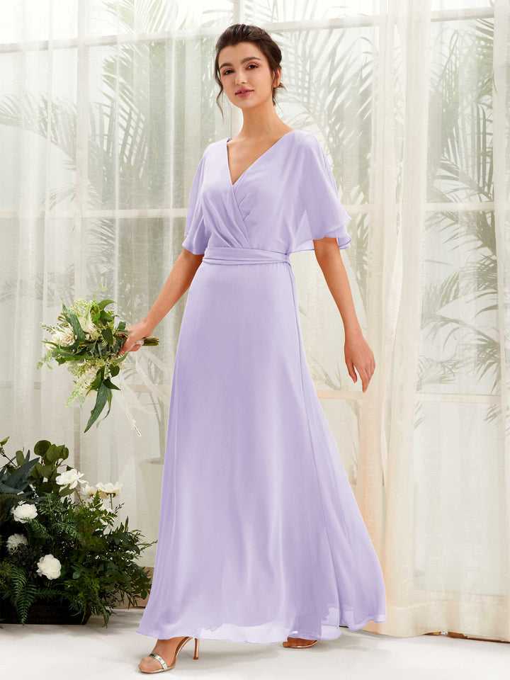 V-neck Short Sleeves Chiffon Bridesmaid Dress - Lilac (81222414)