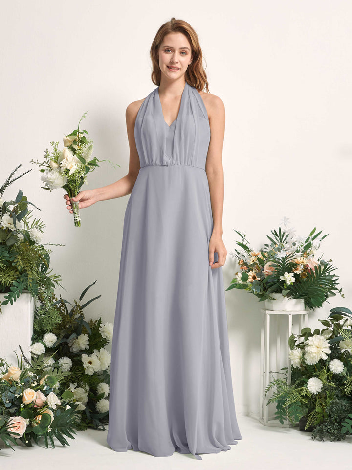 Bridesmaid Dress A-line Chiffon Halter Full Length Short Sleeves Wedding Party Dress - Dusty Lavender (81226303)