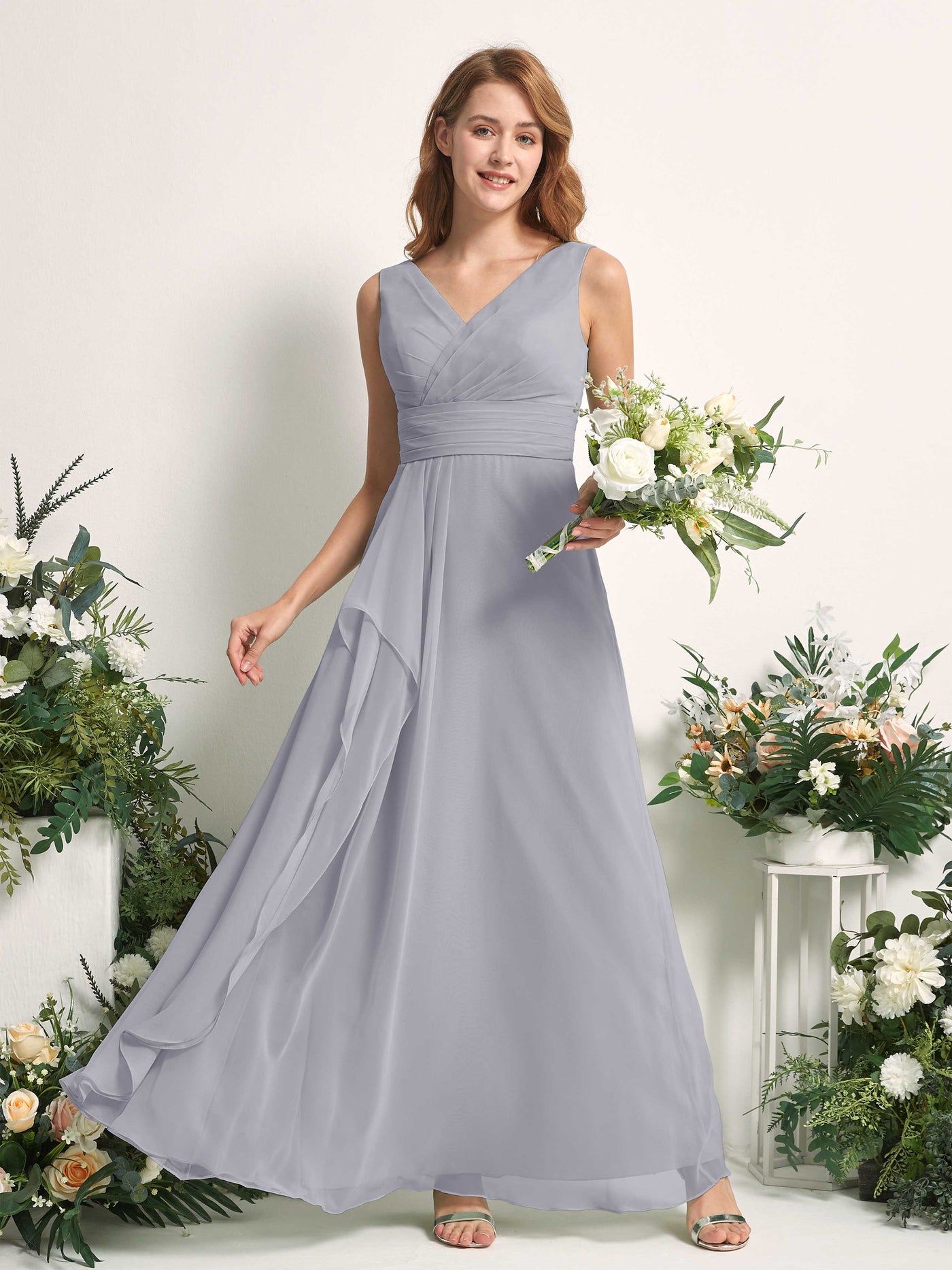 Bridesmaid Dress A-line Chiffon V-neck Full Length Sleeveless Wedding Party Dress - Dusty Lavender (81227103)#color_dusty-lavender