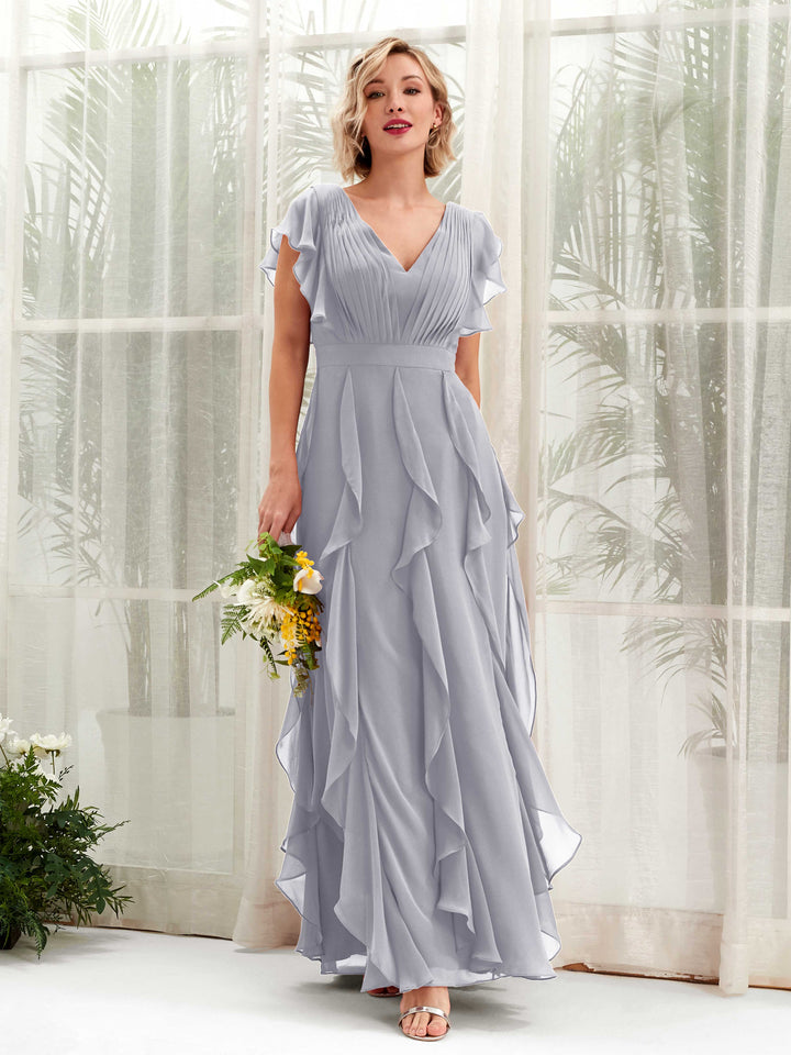 A-line V-neck Short Sleeves Chiffon Bridesmaid Dress - Dusty Lavender (81226003)