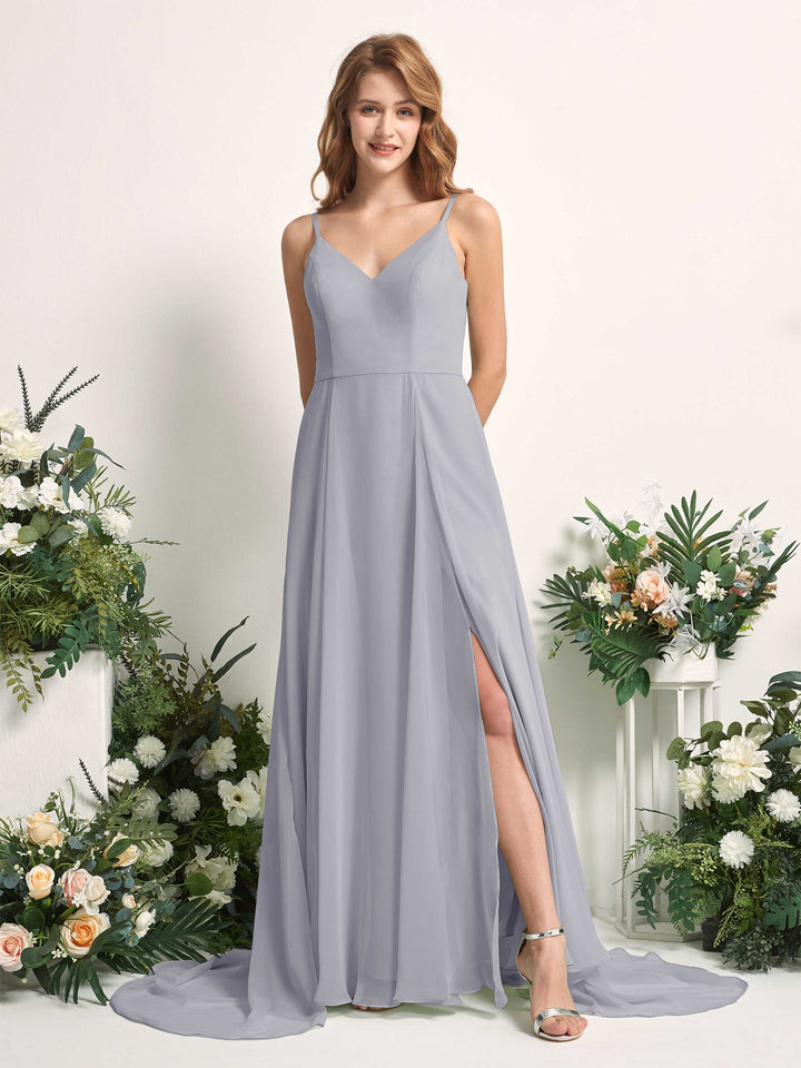 Bridesmaid Dress A-line Chiffon Spaghetti-straps Full Length Sleeveless Wedding Party Dress - Dusty Lavender (81227703)