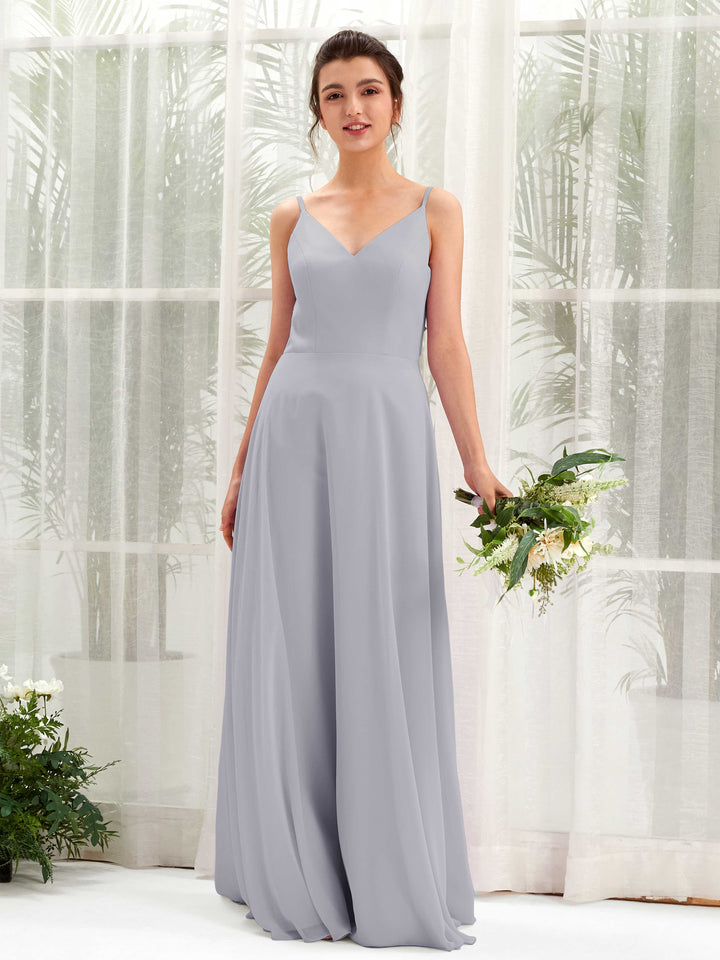 A-line Spaghetti-straps V-neck Sleeveless Chiffon Bridesmaid Dress - Dusty Lavender (81220603)