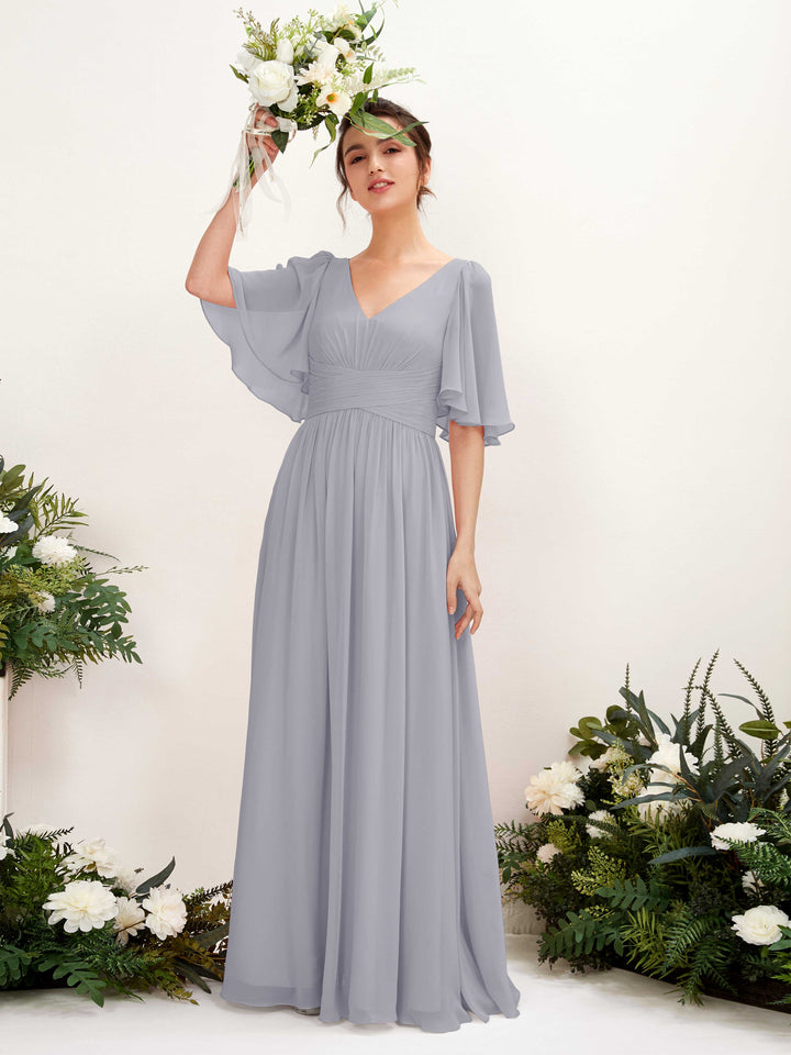 A-line V-neck 1/2 Sleeves Chiffon Bridesmaid Dress - Dusty Lavender (81221603)