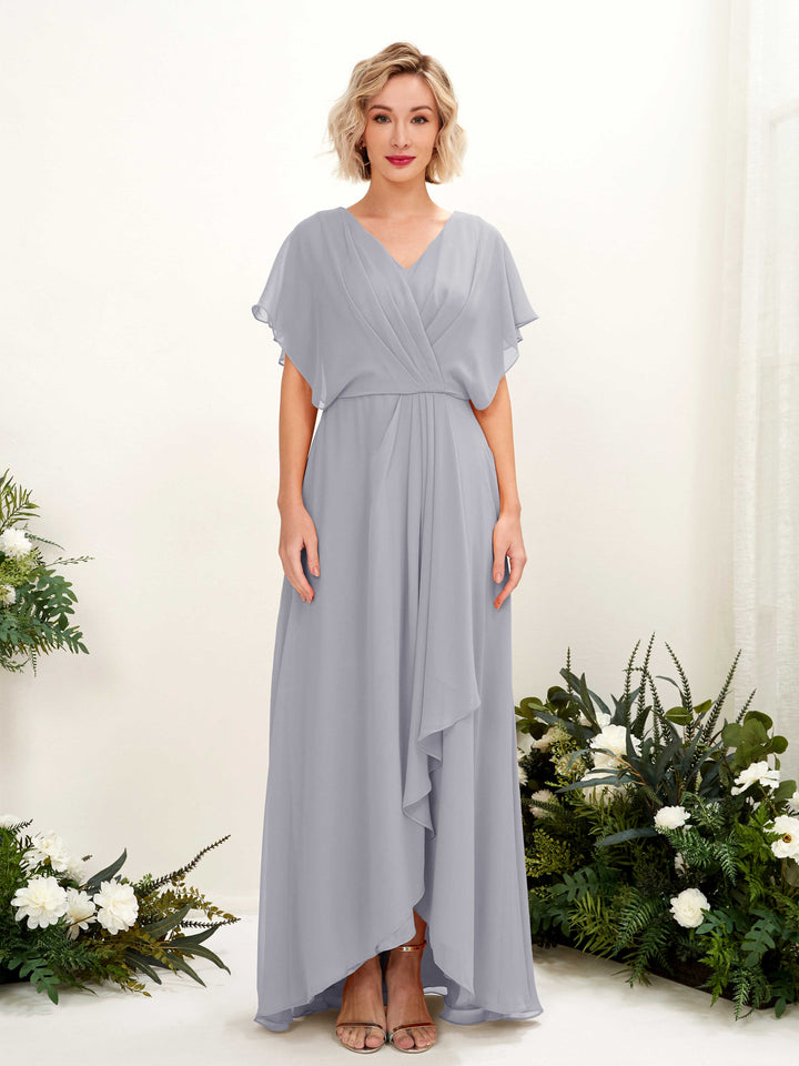 A-line V-neck Short Sleeves Chiffon Bridesmaid Dress - Dusty Lavender (81222103)