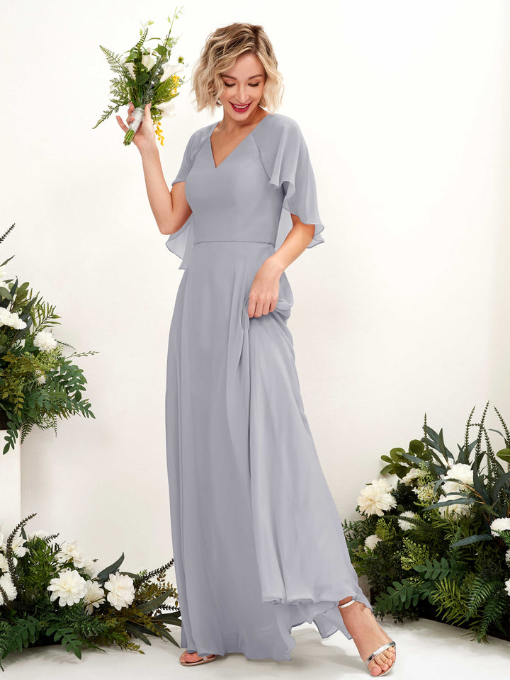 A-line V-neck Short Sleeves Chiffon Bridesmaid Dress - Dusty Lavender (81224403)