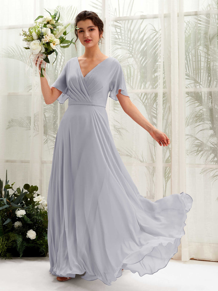 A-line V-neck Short Sleeves Chiffon Bridesmaid Dress - Dusty Lavender (81224603)