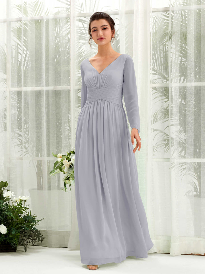 Ball Gown V-neck Long Sleeves Chiffon Bridesmaid Dress - Dusty Lavender (81220303)