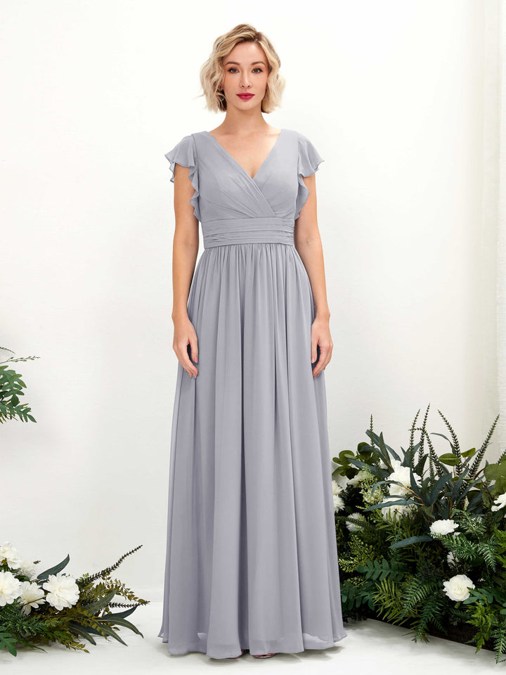 V-neck Short Sleeves Chiffon Bridesmaid Dress - Dusty Lavender (81222703)