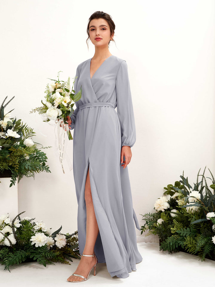 V-neck Long Sleeves Chiffon Bridesmaid Dress - Dusty Lavender (81223203)