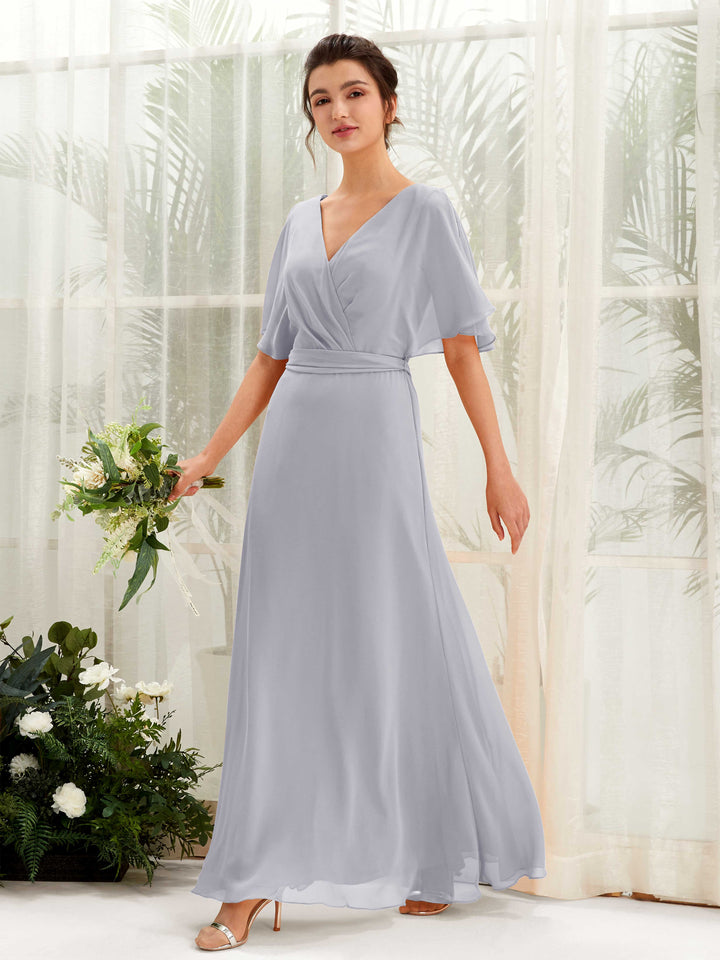 V-neck Short Sleeves Chiffon Bridesmaid Dress - Dusty Lavender (81222403)