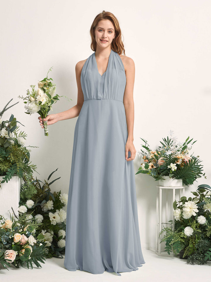 Bridesmaid Dress A-line Chiffon Halter Full Length Short Sleeves Wedding Party Dress - Dusty Blue-Upgrade (81226304)