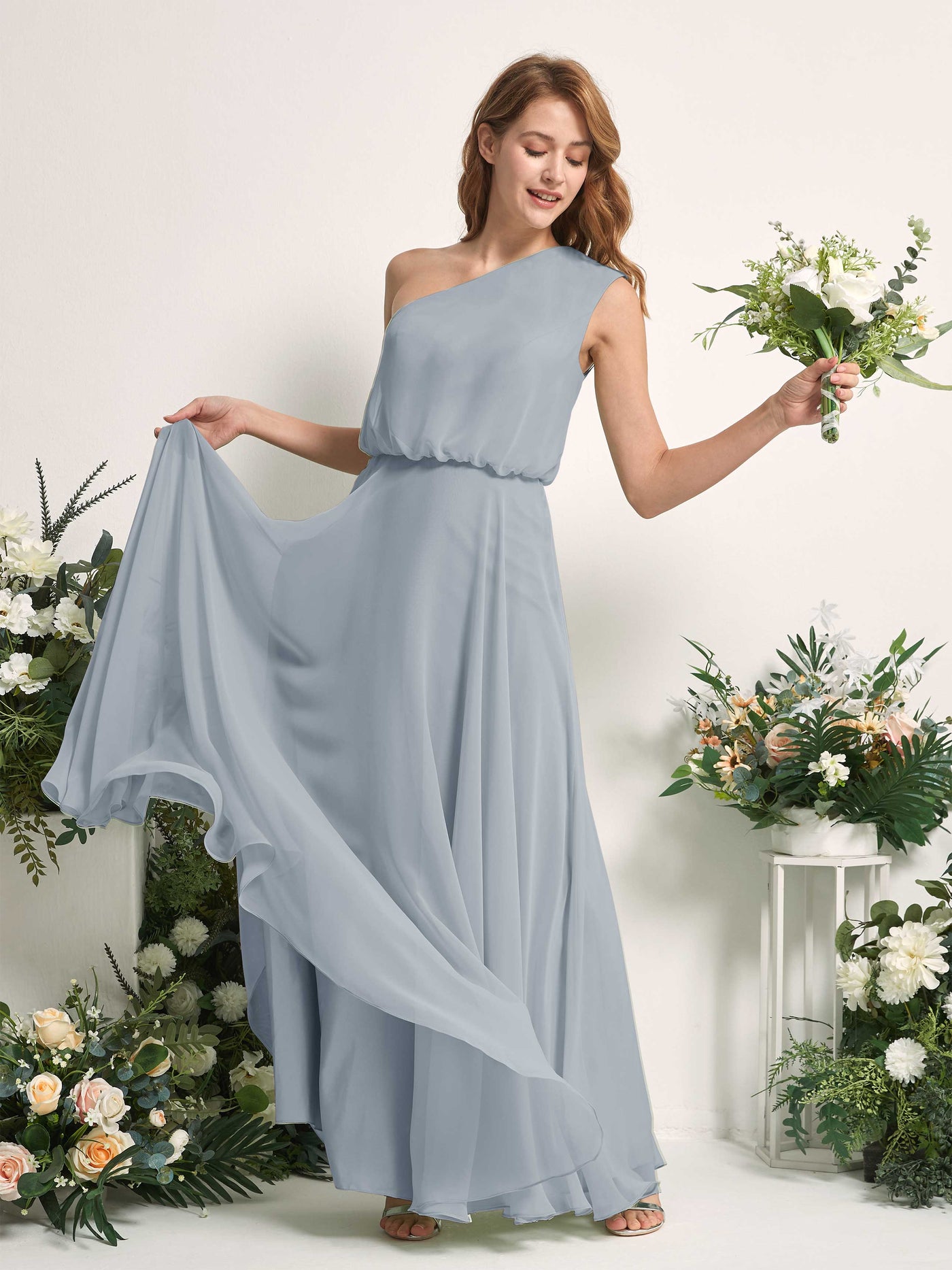 Bridesmaid Dress A-line Chiffon One Shoulder Full Length Sleeveless Wedding Party Dress - Dusty Blue-Upgrade (81226804)#color_dusty-blue-upgrade