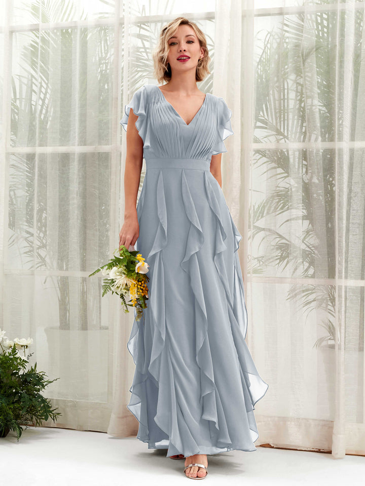 A-line V-neck Short Sleeves Chiffon Bridesmaid Dress - Dusty Blue-Upgrade (81226004)