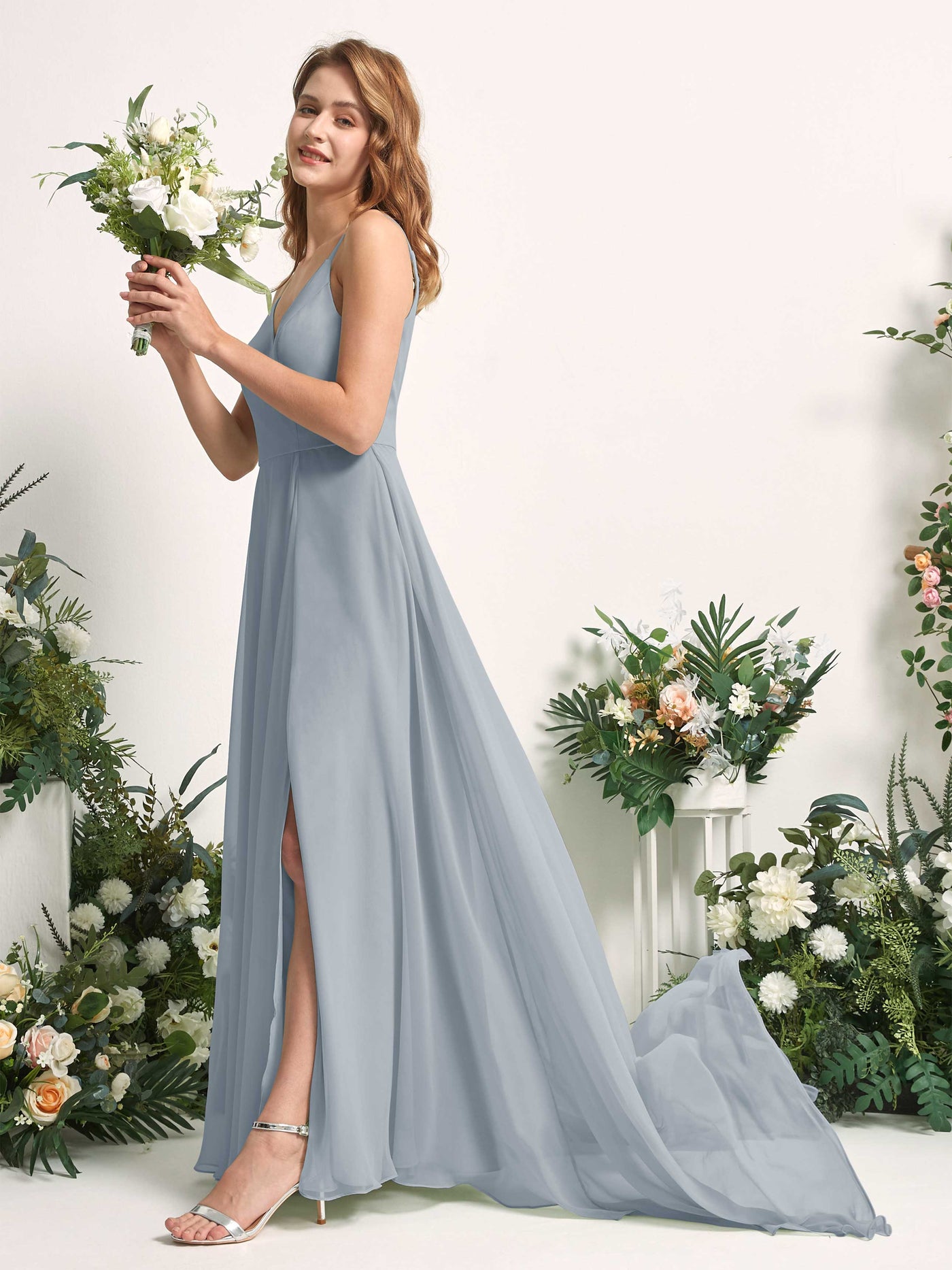 Bridesmaid Dress A-line Chiffon Spaghetti-straps Full Length Sleeveless Wedding Party Dress - Dusty Blue-Upgrade (81227704)#color_dusty-blue-upgrade