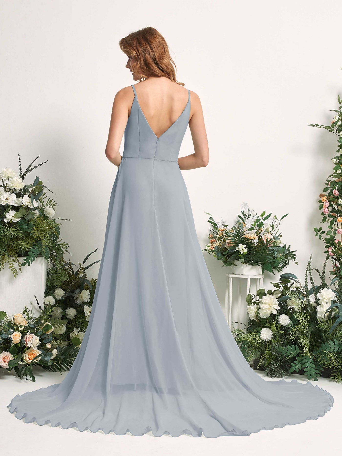 Bridesmaid Dress A-line Chiffon Spaghetti-straps Full Length Sleeveless Wedding Party Dress - Dusty Blue-Upgrade (81227704)#color_dusty-blue-upgrade