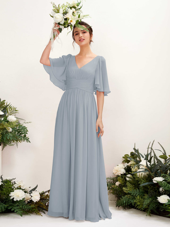 A-line V-neck 1/2 Sleeves Chiffon Bridesmaid Dress - Dusty Blue-Upgrade (81221604)