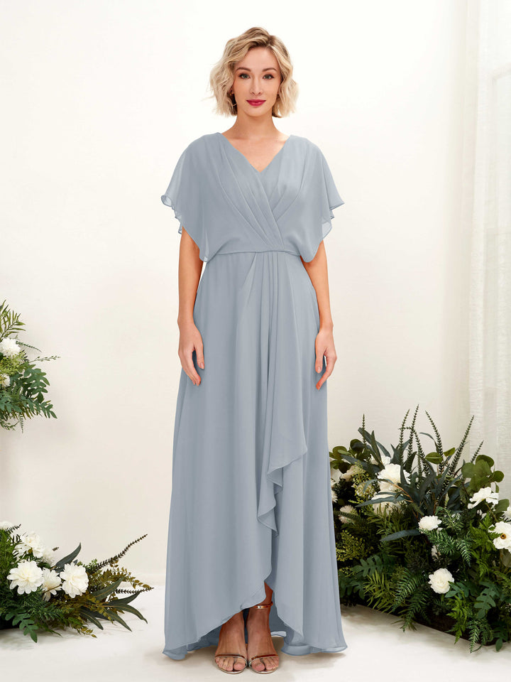 A-line V-neck Short Sleeves Chiffon Bridesmaid Dress - Dusty Blue-Upgrade (81222104)