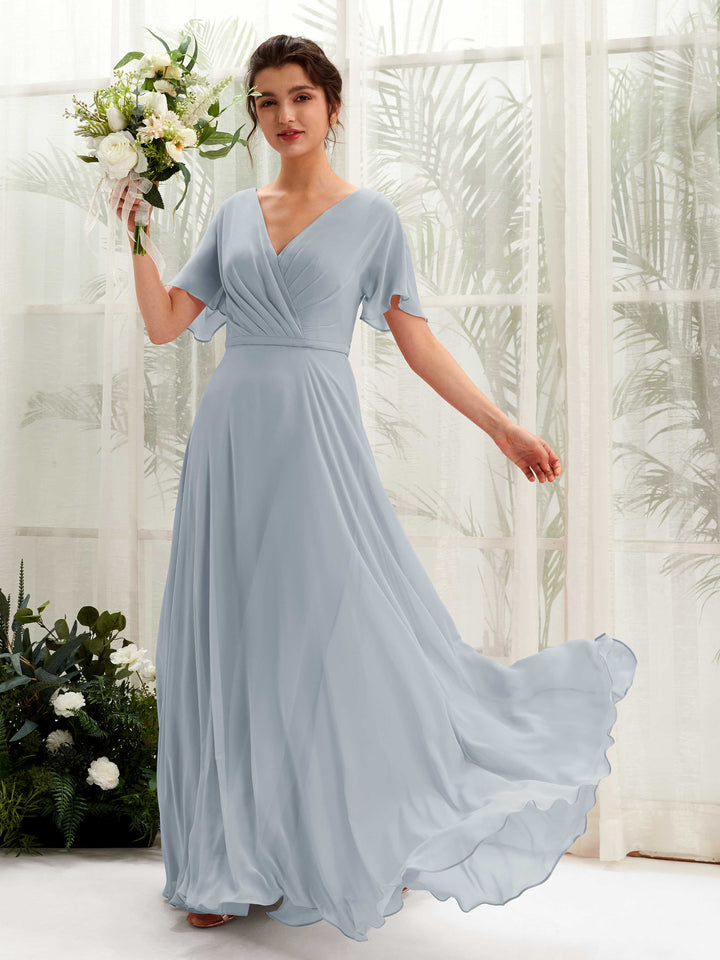 A-line V-neck Short Sleeves Chiffon Bridesmaid Dress - Dusty Blue-Upgrade (81224604)