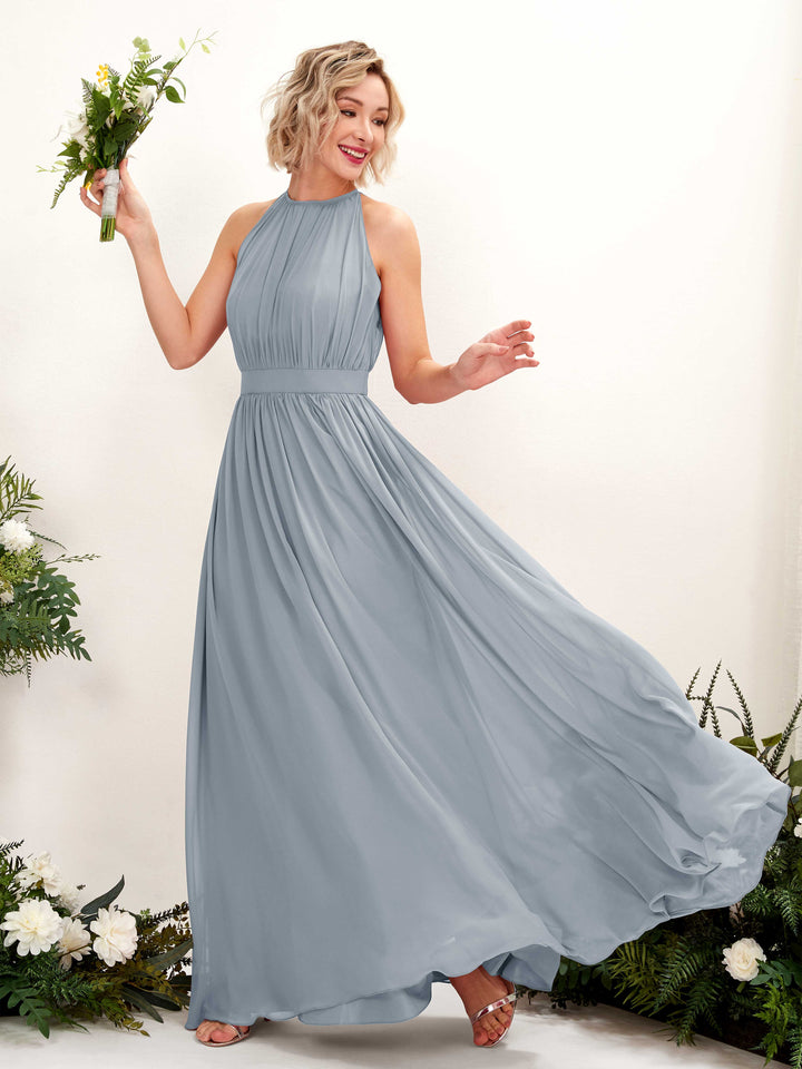 Halter Sleeveless Chiffon Bridesmaid Dress - Dusty Blue-Upgrade (81223104)