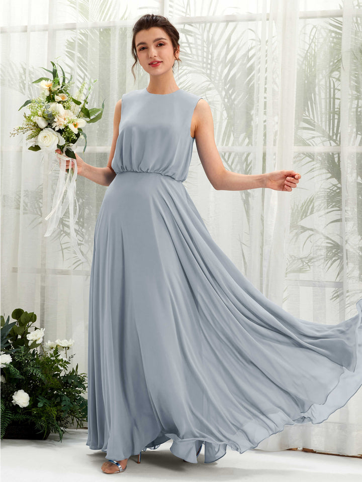 Round Sleeveless Chiffon Bridesmaid Dress - Dusty Blue-Upgrade (81222804)