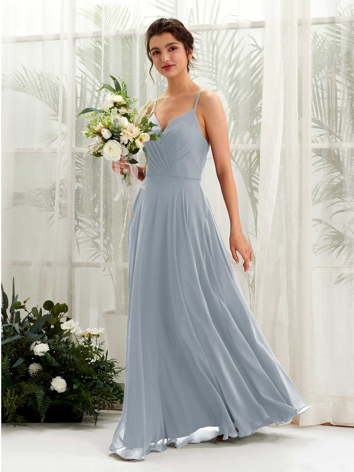 Spaghetti-straps V-neck Sleeveless Bridesmaid Dress - Dusty Blue-Upgrade (81224204)