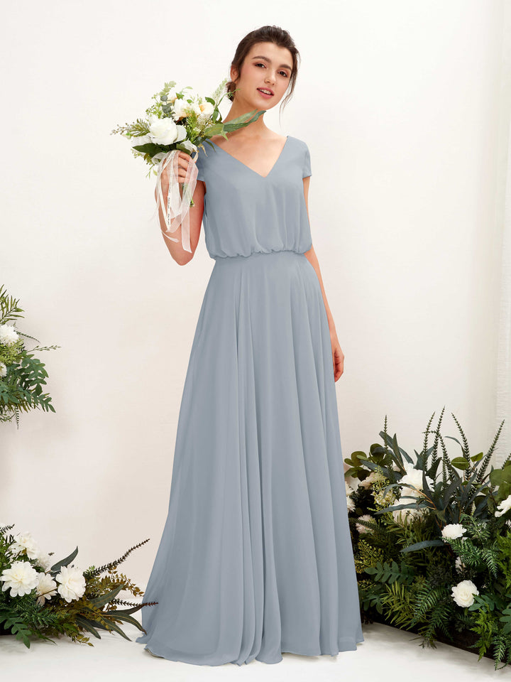 V-neck Cap Sleeves Chiffon Bridesmaid Dress - Dusty Blue-Upgrade (81221804)