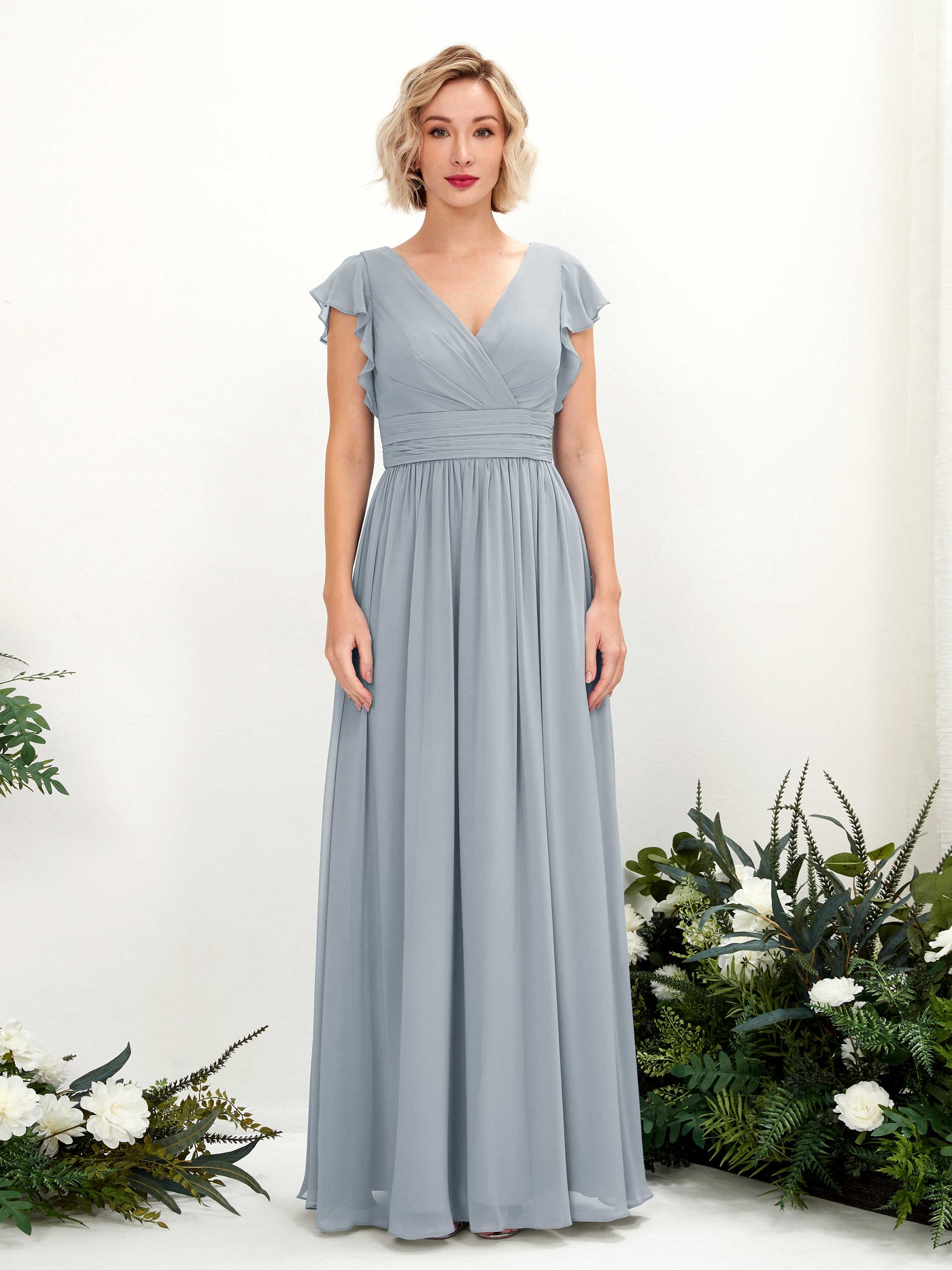 Carlyna Grino A-Line Dusty Blue-Upgrade Bridesmaid Dress Maxi Cap Sleeve V-Neck Dress #color_dusty-blue-upgrade