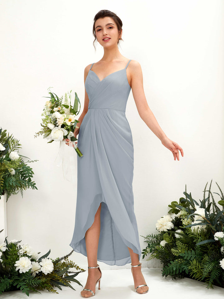 Spaghetti-straps V-neck Sleeveless Chiffon Bridesmaid Dress - Dusty Blue-Upgrade (81221304)