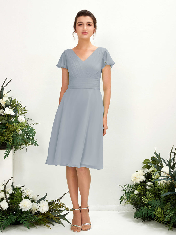 V-neck Short Sleeves Chiffon Bridesmaid Dress - Dusty Blue-Upgrade (81220204)