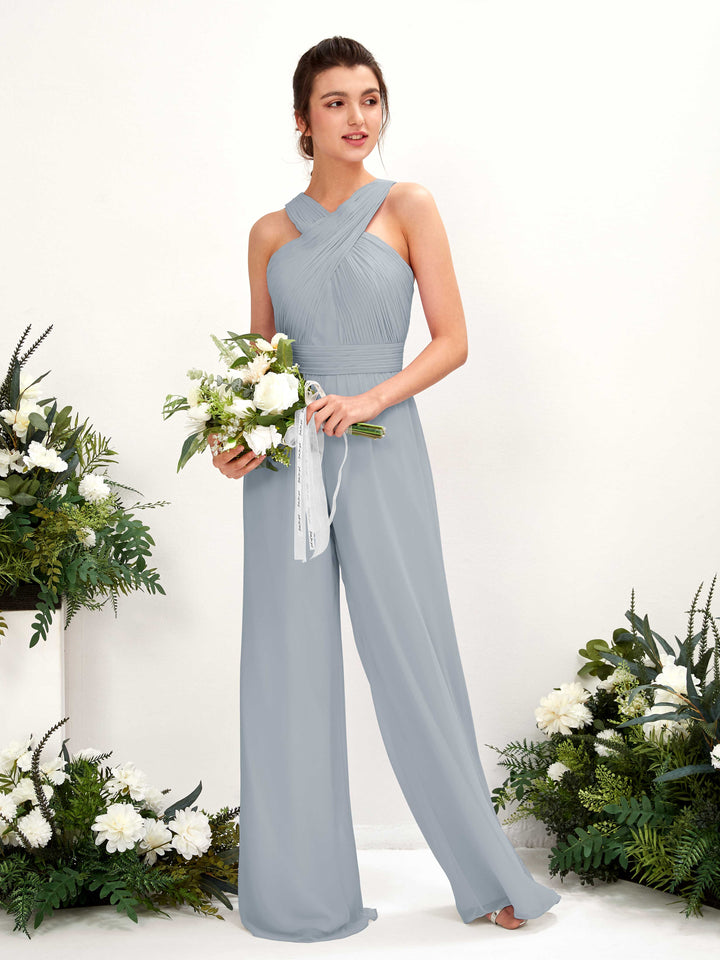 V-neck Sleeveless Chiffon Bridesmaid Dress Wide-Leg Jumpsuit - Dusty Blue-Upgrade (81220704)