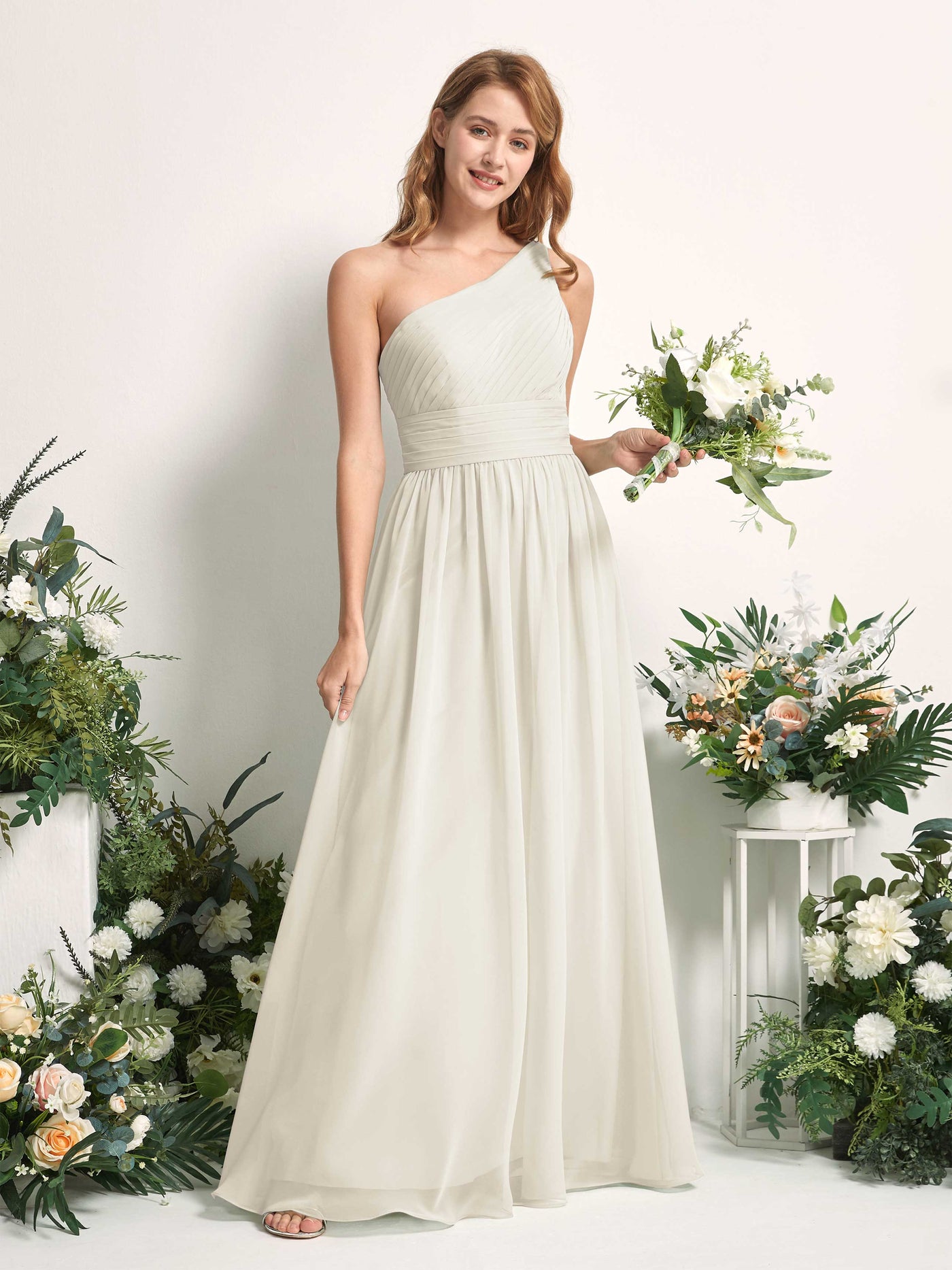 Bridesmaid Dress A-line Chiffon One Shoulder Full Length Sleeveless Wedding Party Dress - Ivory (81226726)#color_ivory