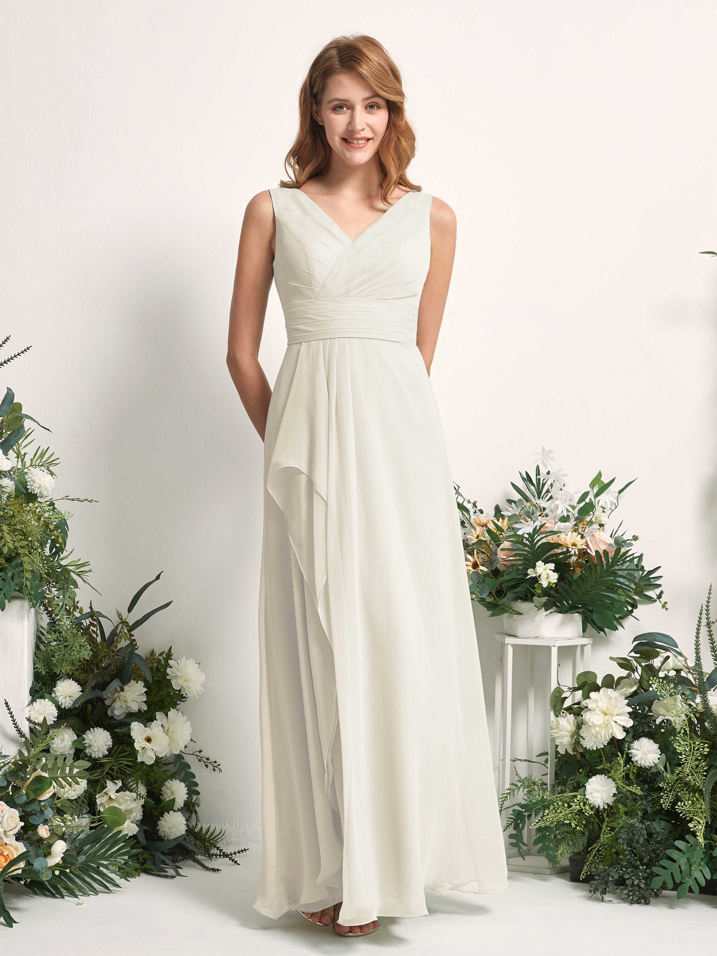 Carlyna Mollie A-Line Ivory Bridesmaid Dress Maxi Sleeveless V-Neck Dress #color_ivory