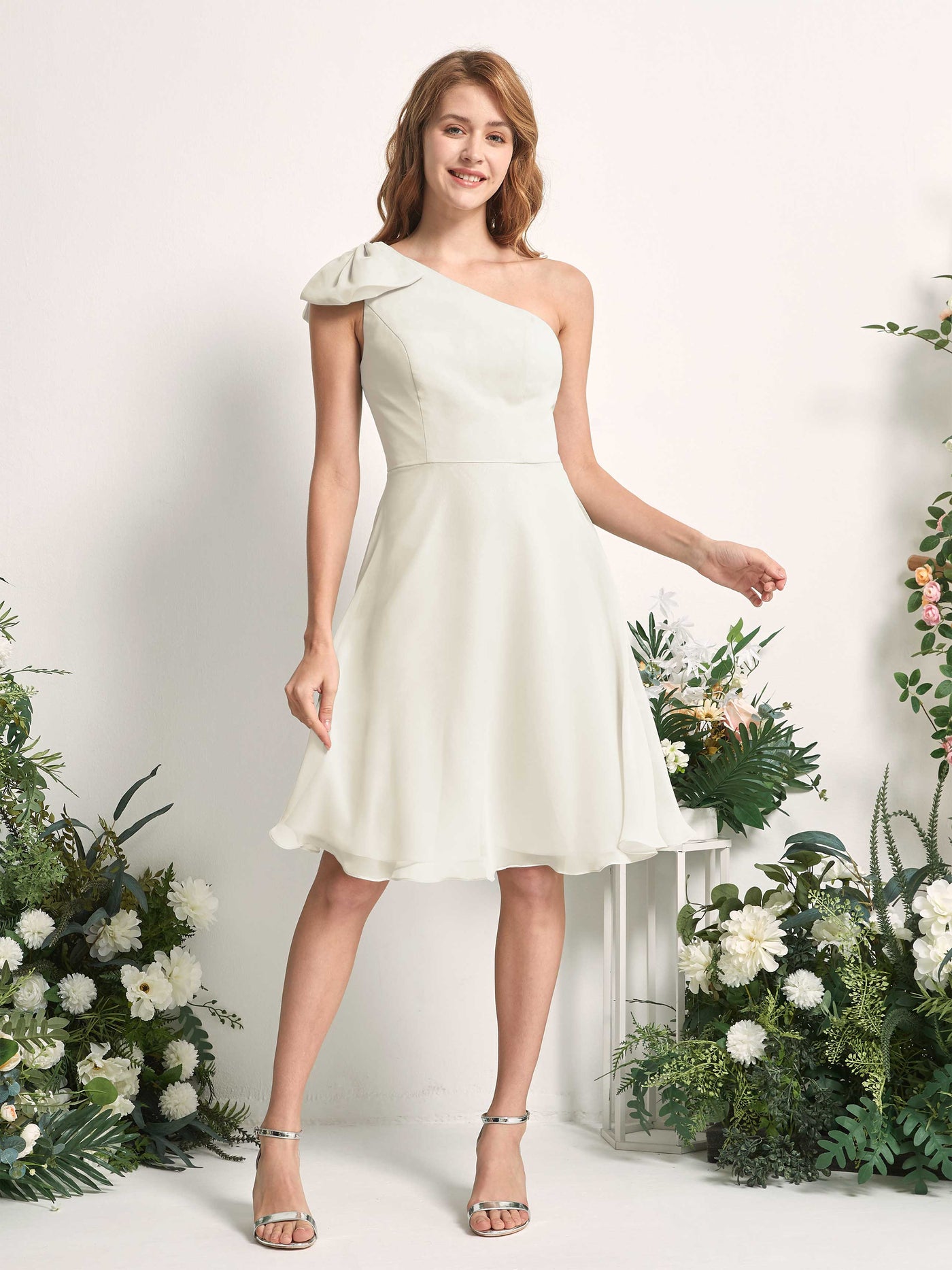 Carlyna Brenda A-Line Ivory Bridesmaid Dress Knee-Length Sleeveless One Shoulder Dress #color_ivory