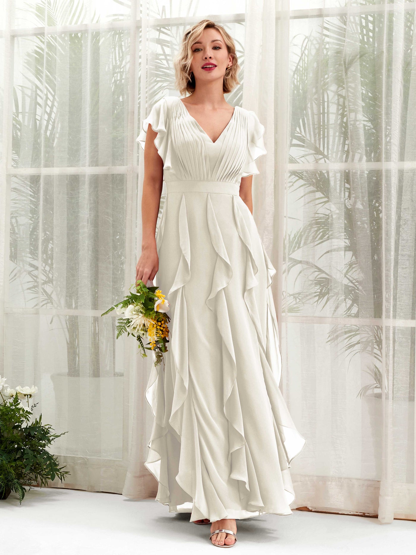 Carlyna Cynthia A-Line Ivory Bridesmaid Dress Maxi Cap Sleeve V-Neck Dress #color_ivory