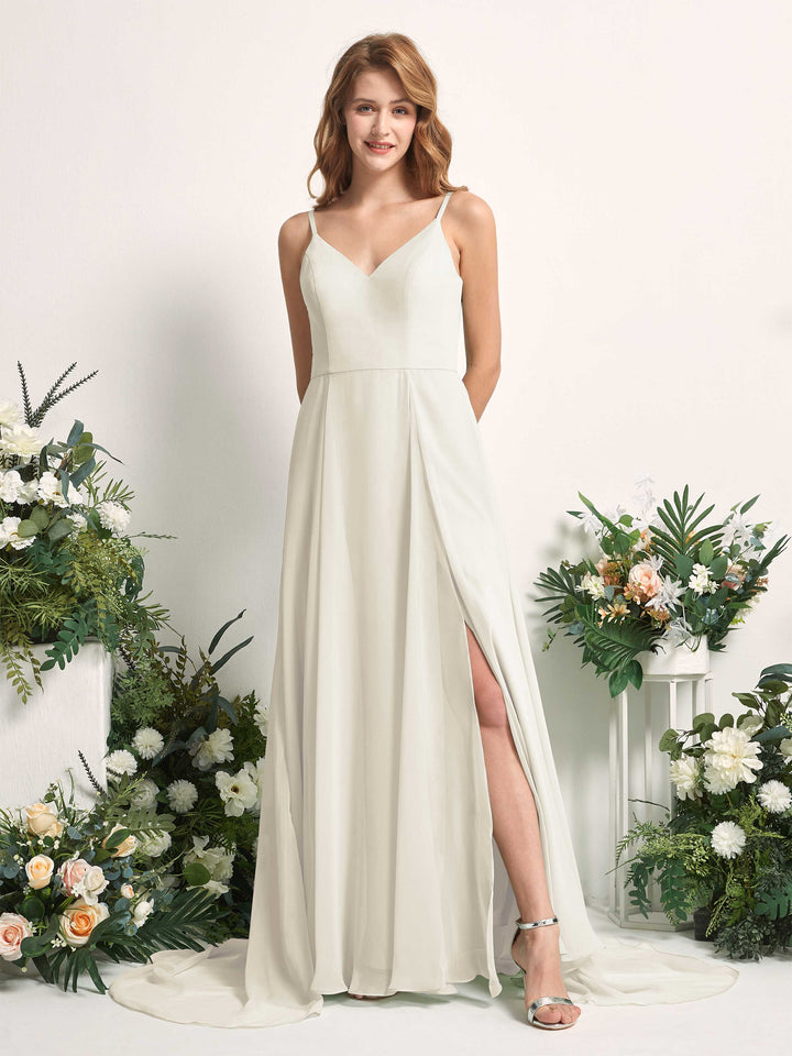 Bridesmaid Dress A-line Chiffon Spaghetti-straps Full Length Sleeveless Wedding Party Dress - Ivory (81227726)