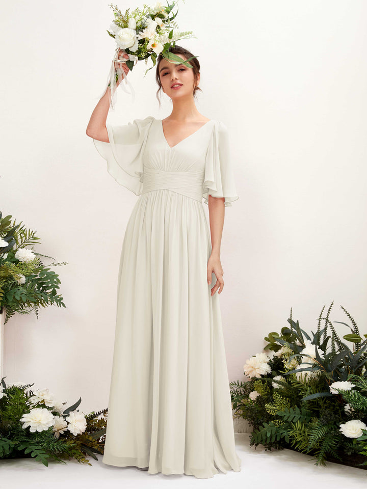 A-line V-neck 1/2 Sleeves Chiffon Bridesmaid Dress - Ivory (81221626)