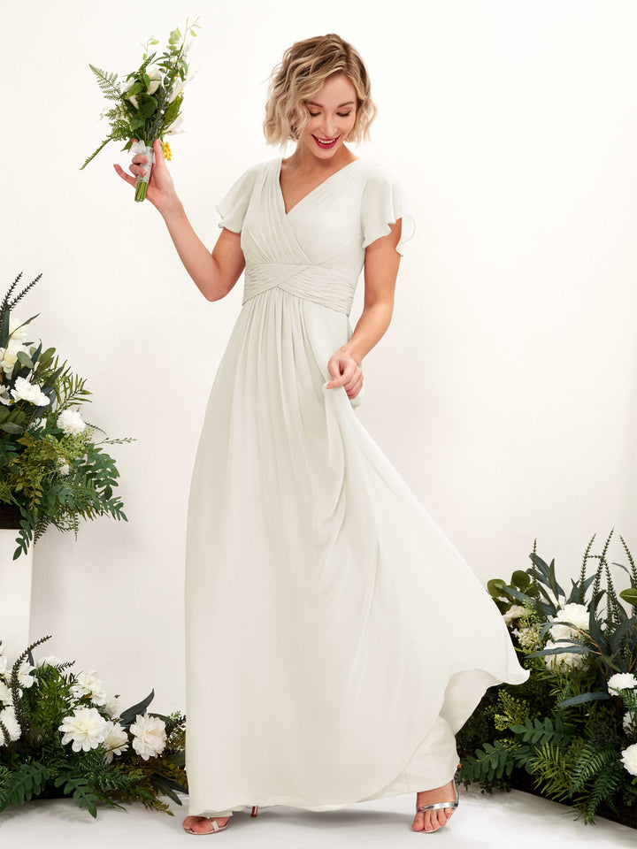 A-line V-neck Cap Sleeves Chiffon Bridesmaid Dress - Ivory (81224326)