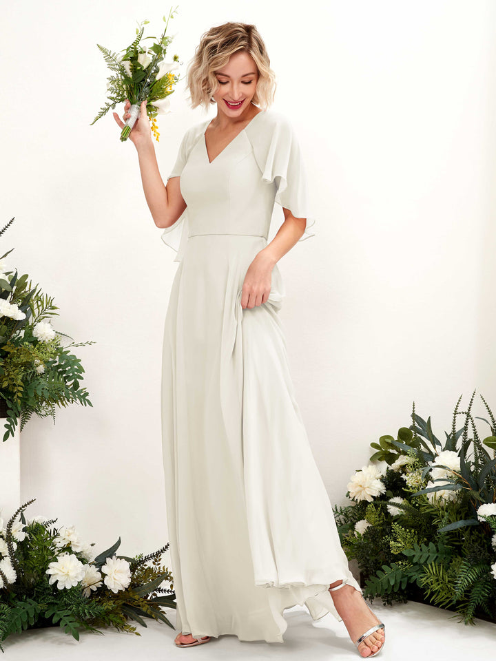 A-line V-neck Short Sleeves Chiffon Bridesmaid Dress - Ivory (81224426)