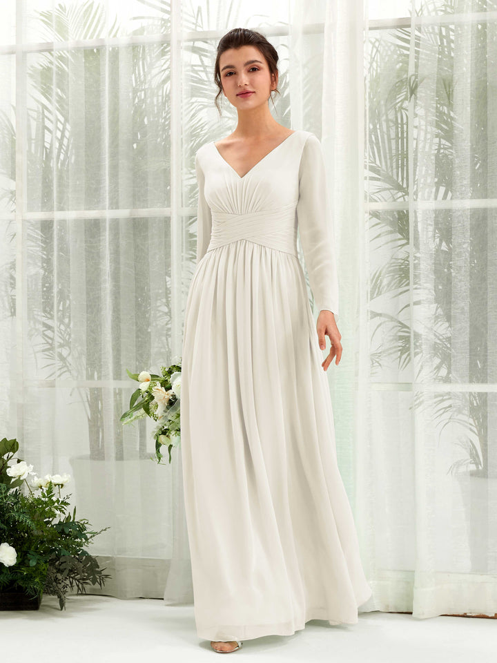 Ball Gown V-neck Long Sleeves Chiffon Bridesmaid Dress - Ivory (81220326)