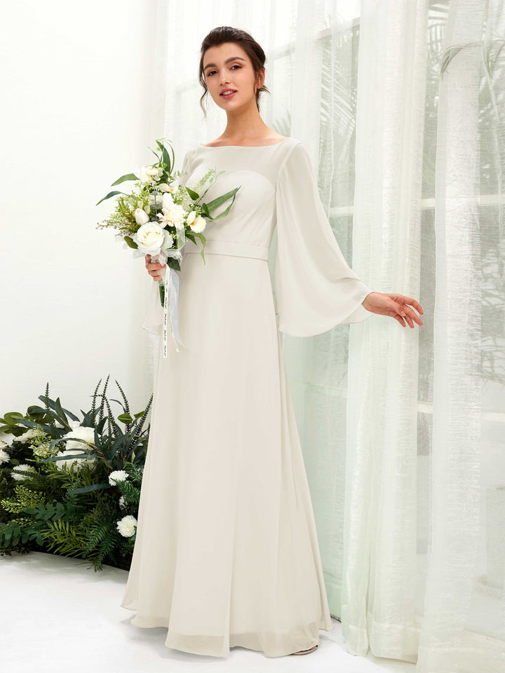 Bateau Illusion Long Sleeves Chiffon Bridesmaid Dress - Ivory (81220526)