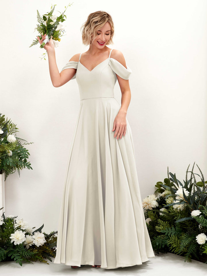 Off Shoulder Straps V-neck Sleeveless Chiffon Bridesmaid Dress - Ivory (81224926)